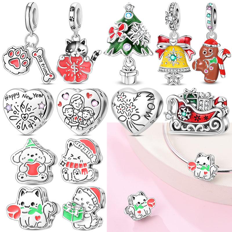 Copper Christmas Tree Charms Cat Send Flowers Bead Pendant Fit Original Charm Bracelets Women Diy Jewelry Gift