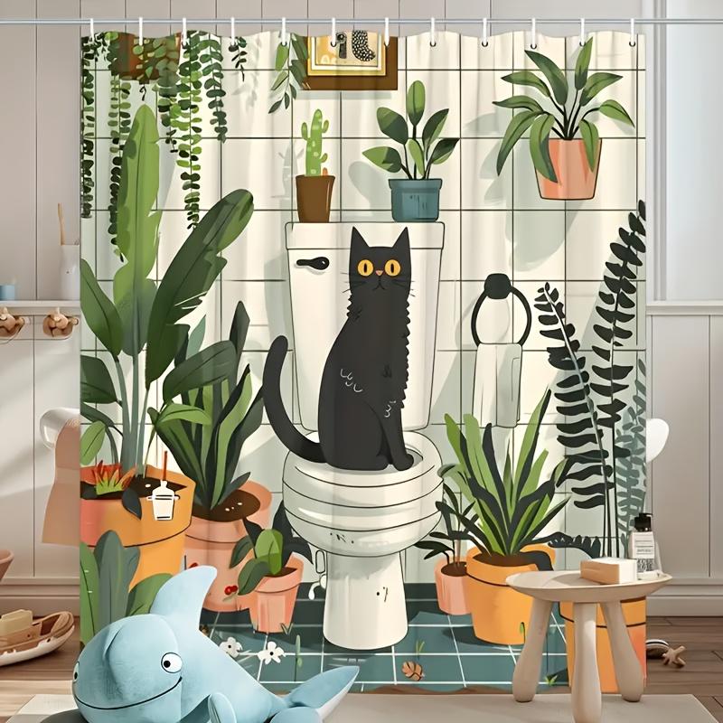 Cute Black Cat in Plant-Filled Bathroom Shower Curtain, Waterproof and Mildew-Resistant for Whimsical and Cozy Decor