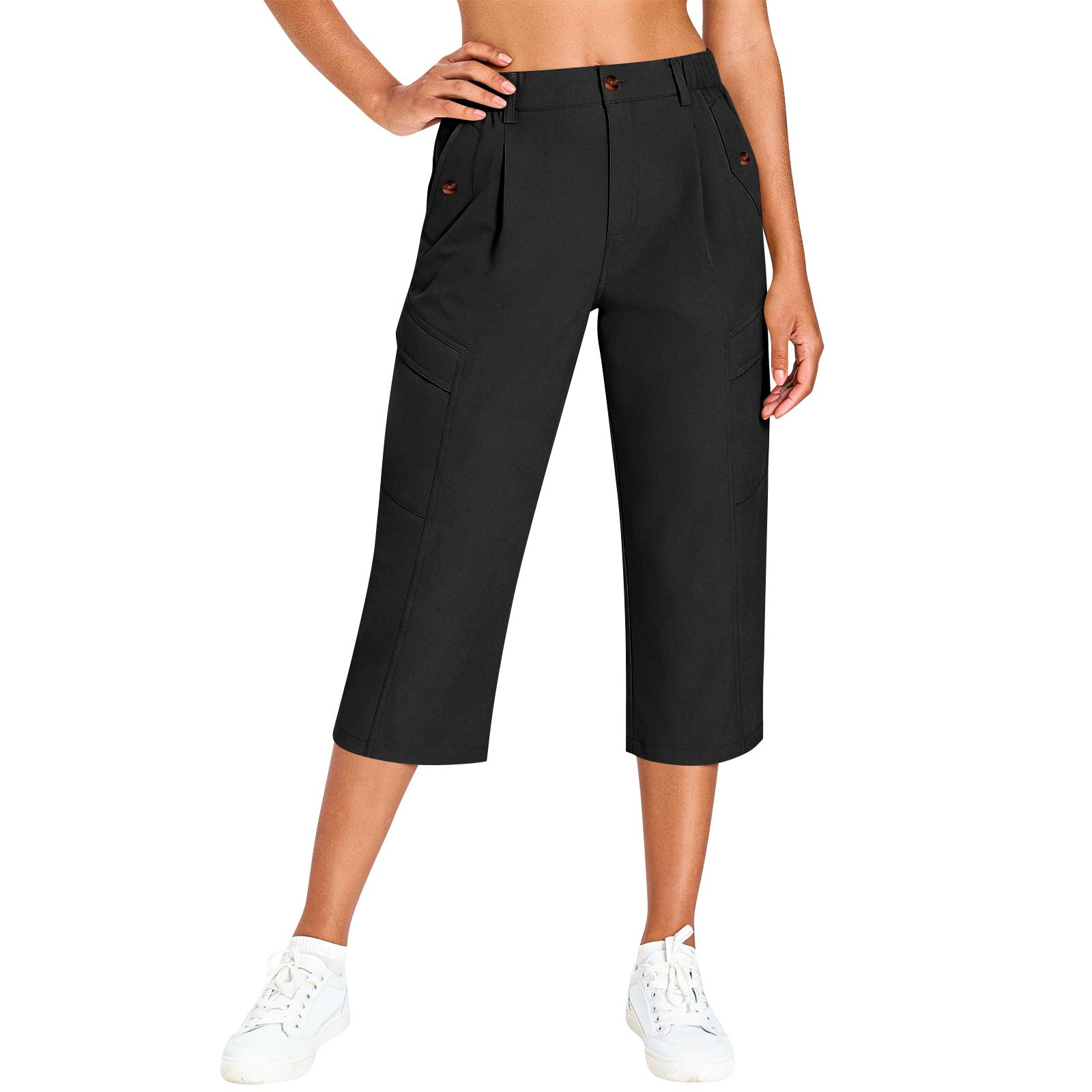 

Women Elastic High Waist 3/4 Pant Casual Fit Wide Capris Leg Pants Trousers With Pockets XL чёрный