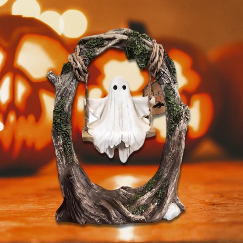 Ghosty on a Tree Swing Resin Ghosty Figurines Garden Decors Halloween Decorations for Desktop Bookshelf Garden Lawn