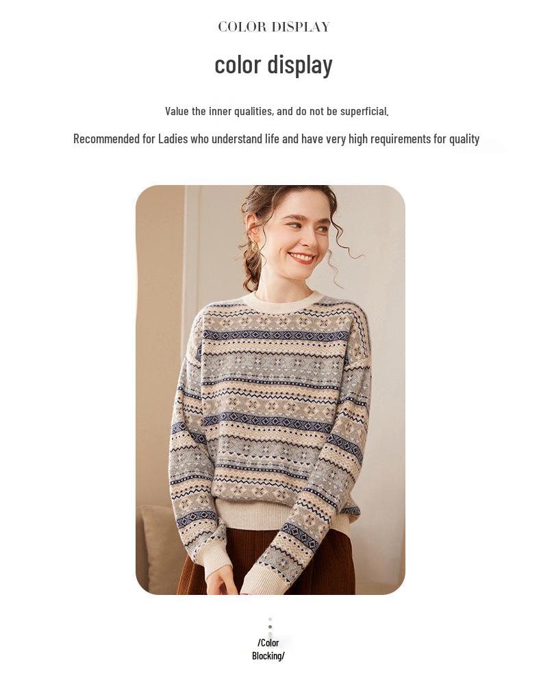 Women's Color Block Jacquard Cashmere Sweater - Autumn/Winter Korean Style Round Neck Knit