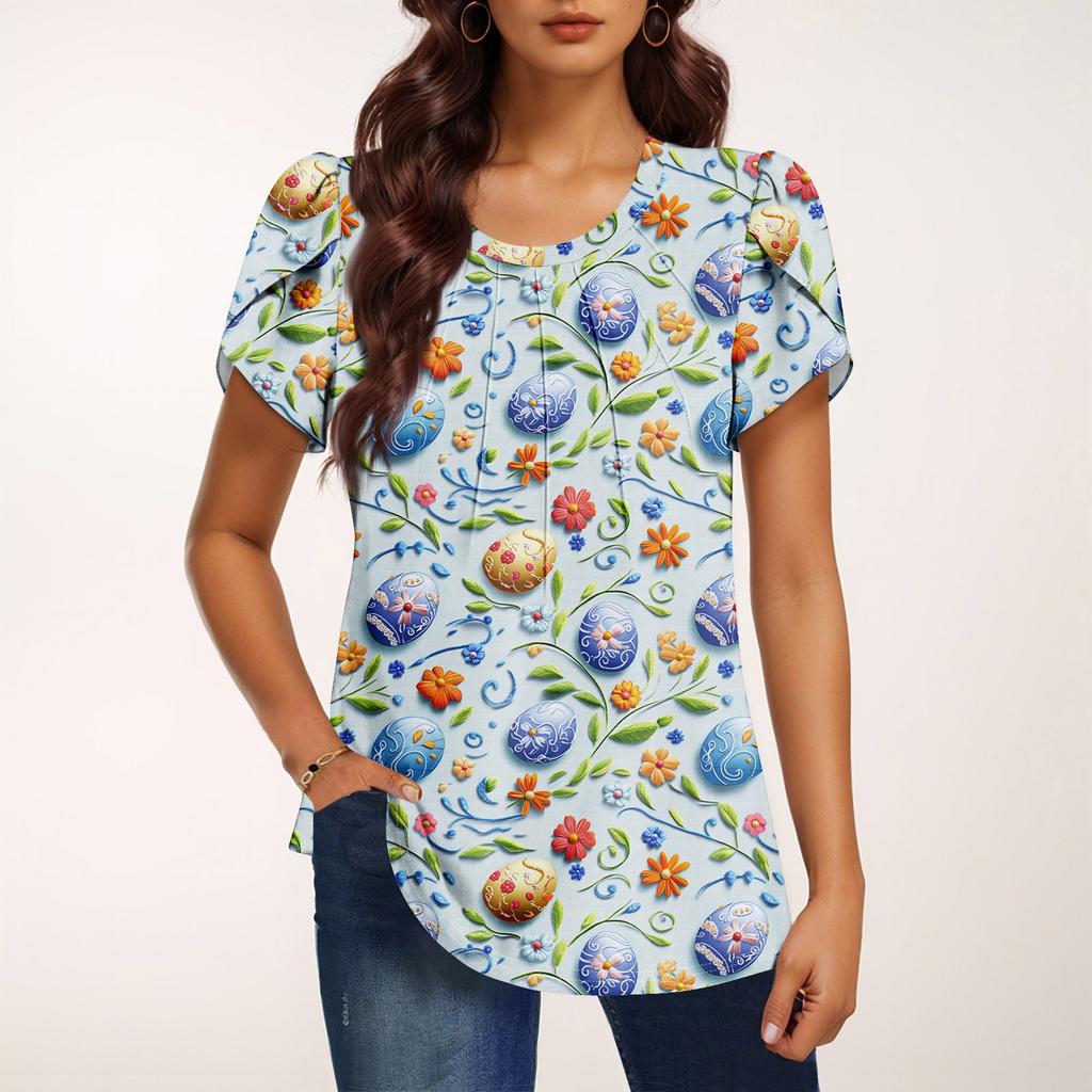 Women's Fashionable Round Neck Short Sleeve Printed Casual Basic Pleated Pullover T-shirt Top