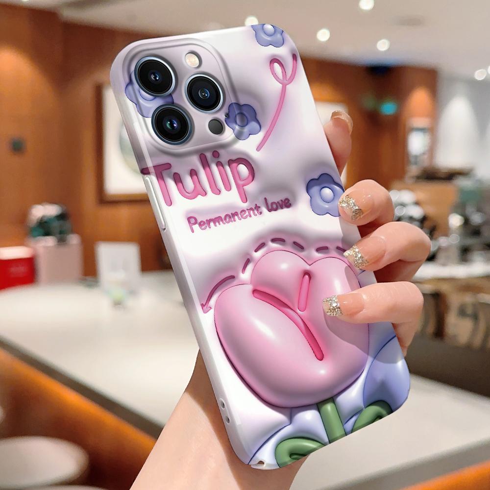 For iPhone 16 15 14 Samsung S23 A23 A52 A33 A73 A53 Huawei Xiaomi Redmi OPPO Vivo Stereoscopic Style Tulips Design Full Camera Protect Hard Phone Case
