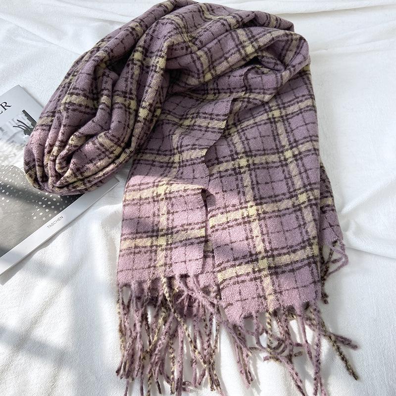 Kostkovaný šátek dámský podzimní a zimní nový high-end dlouhý styl studentský šátek teplý a tlustý střapcový šátek