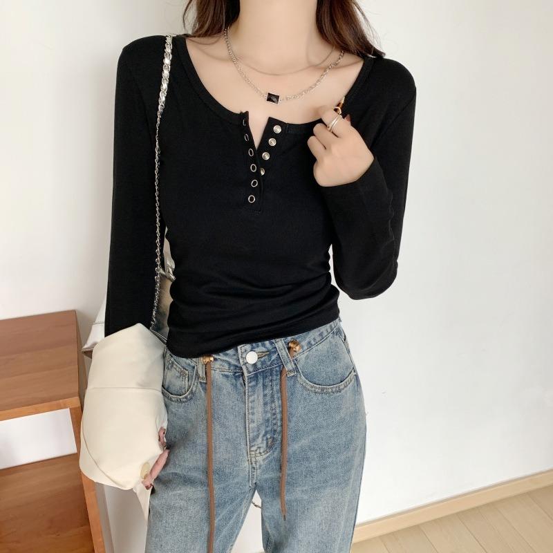 Retro slim-fit collar front shoulder snap-button semi-open neck long-sleeved shirt women's top autumn solid color thin bottoming shirt