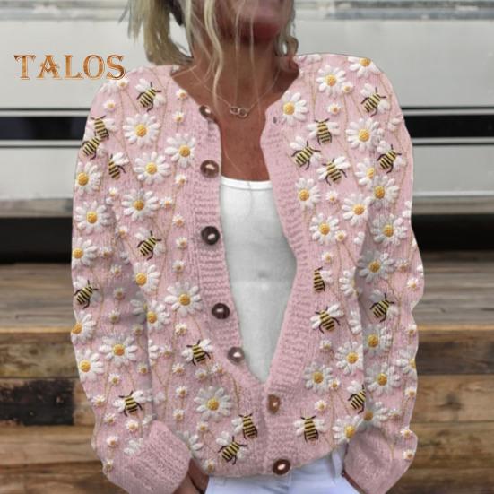 Dámský svetr Cardigan s kulatým výstřihem, dlouhým rukávem, 3D květinovým vzorem, zapínání na knoflíky, pletená bunda, zesílená teplá podzimní zimní top