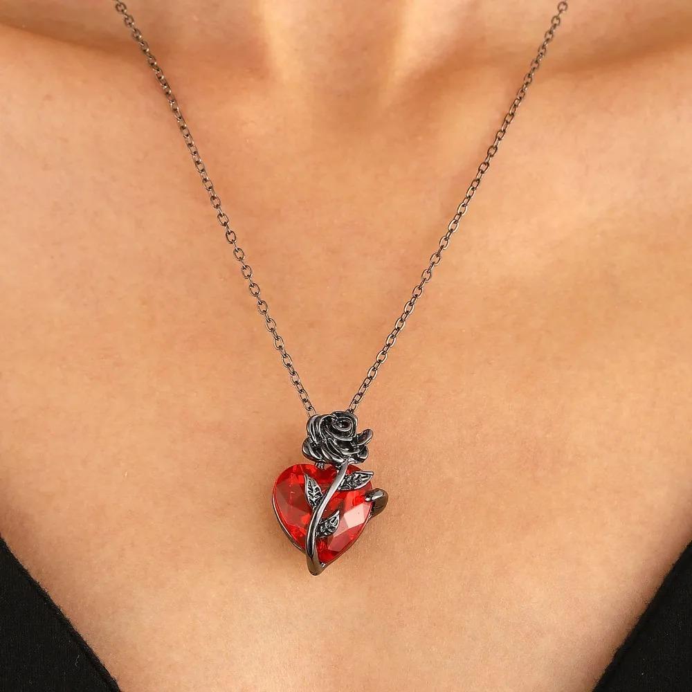 Gotische Y2K Rotes Herz und Rose Anhänger Halskette, Lässiger Modeschmuck für Damen, Das Ideale Geschenk