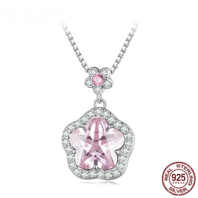 S925 Sterling Silver Pink Flower Pendant Necklace Little Star Neck Chain Pave Setting CZ for Women Valentine's Day Gift