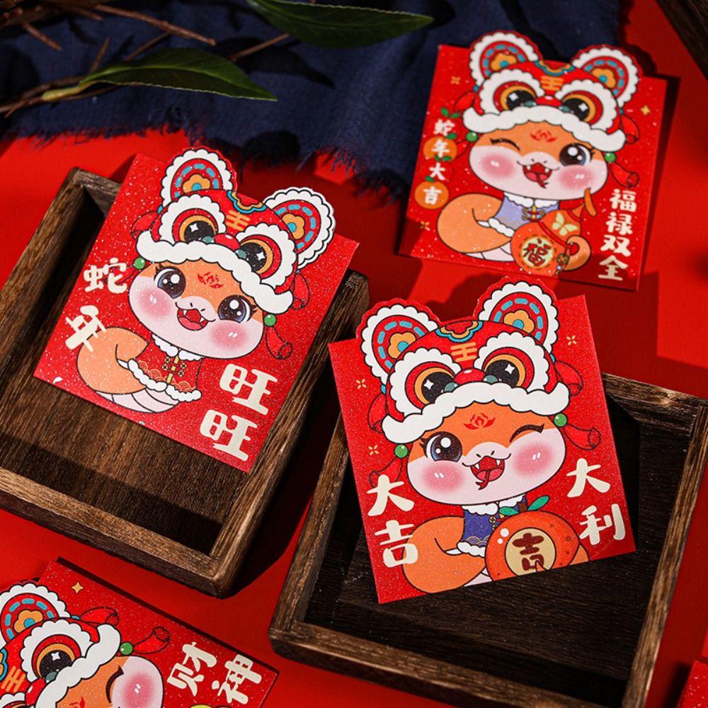 6pcs Blessing 2025 New Year Money Pocket Traditional Good Lucky Money Bags Cartoon Red Packet Bonus