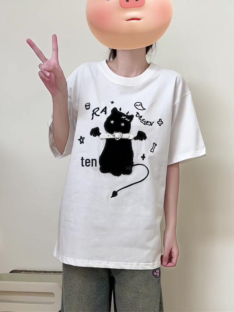 2025 Summer Girlish Kitten Print Loose Cotton Short Sleeve Women's T-shirt