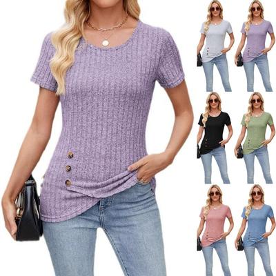 Moda feminina casual cor sólida estampa manga curta blusas e camisas