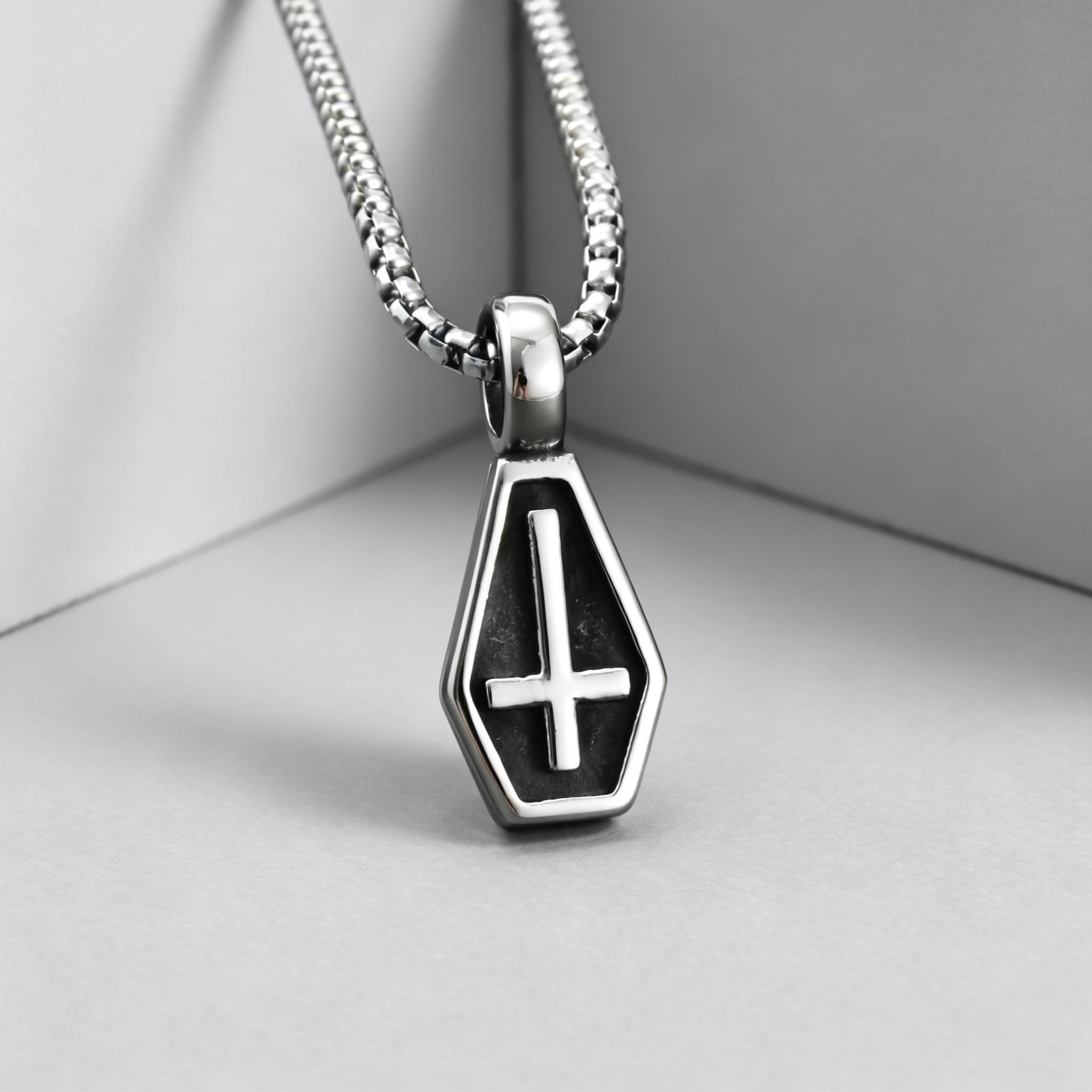 Gothic Inverted Cross Pendant Necklace for Men, Stainless Steel Box Chain, Dark Punk Statement Jewelry Gift 50cm