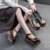 Damen Plateau-Schuhe im ethnischen Stil - Obermaterial Rindsleder, dicke Sohle, lässige Loafer mit Reißverschluss hinten, Vintage-Rundzehen-Schlupfschuhe