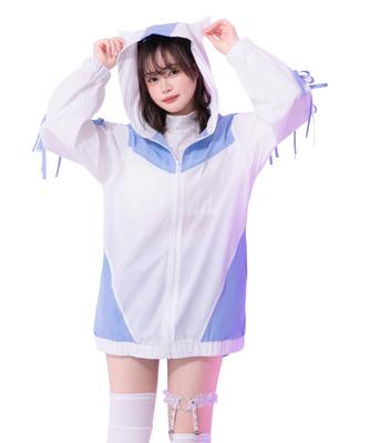 Yumetenbo Women's Cat Ear Rashguard Hoodie, White/Blue, 535317