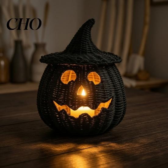 Lanterne LED pour l'Automne Panier Citrouille Tissé à la Main avec Couvercle Chapeau de Sorcière, Panier Osier Rustique Trick Black Tressé Accessoire d'Halloween ou Panier de Friandises Intérieur Extérieur