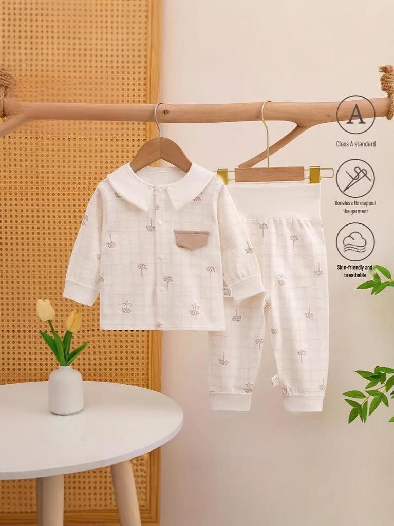 Frühlings- und Herbst-Baby-Baumwoll-Zweiteiler mit hohem Bund, nahtlos - Prinzessinnen- & Britischer Stil