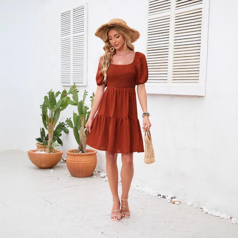 

Women s Square Neck Pleated Cute Mini Summer Hairball Dress XXL червоний/коричневий