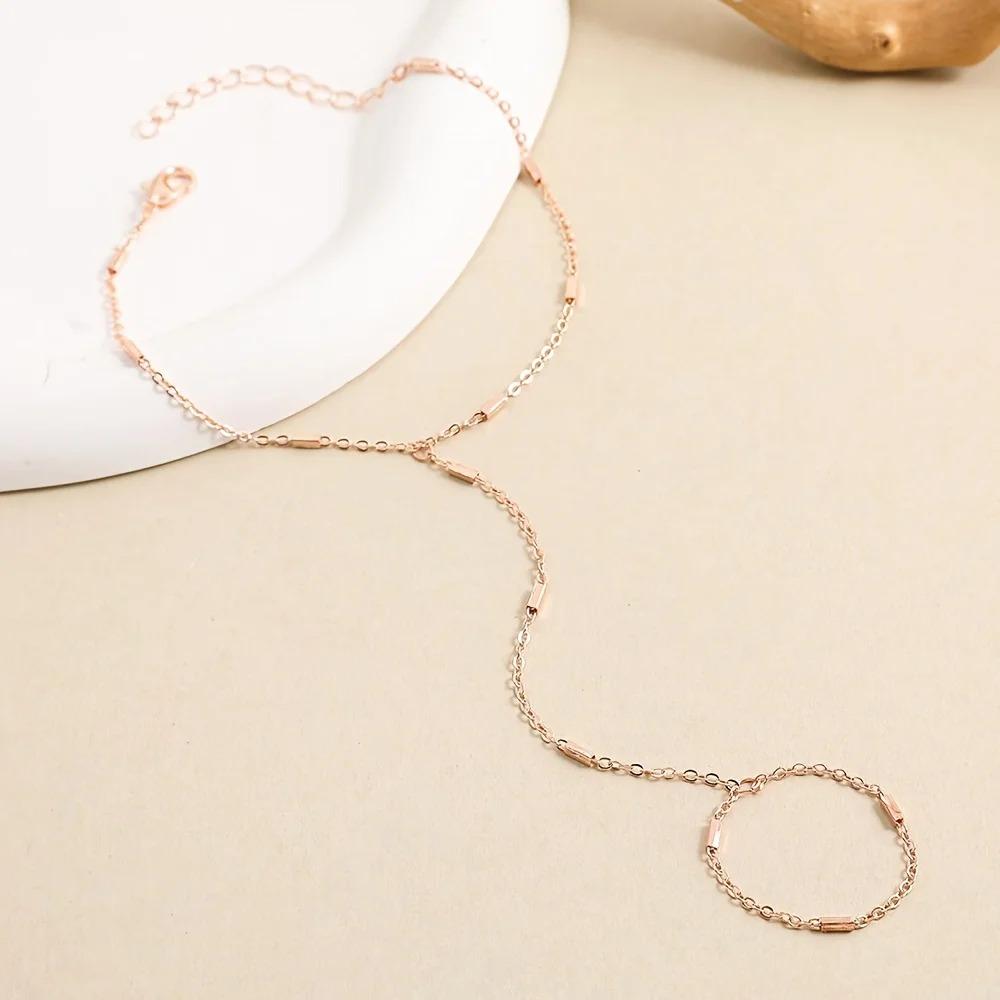 Elegant Bohemian Style Fine Chain Link Bracelet Ring, Minimalist Hand Jewelry for Women