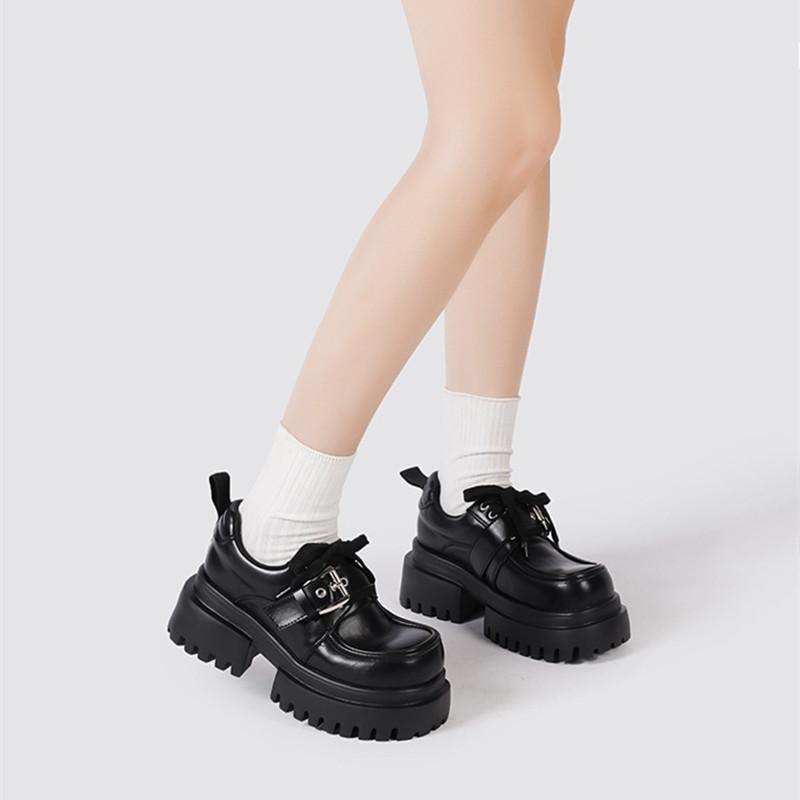Spring Autumn Patent Leather Block Lolita Women Loafers Lace-up Platform Wedges High heels Gothic Girls Student Shoes
