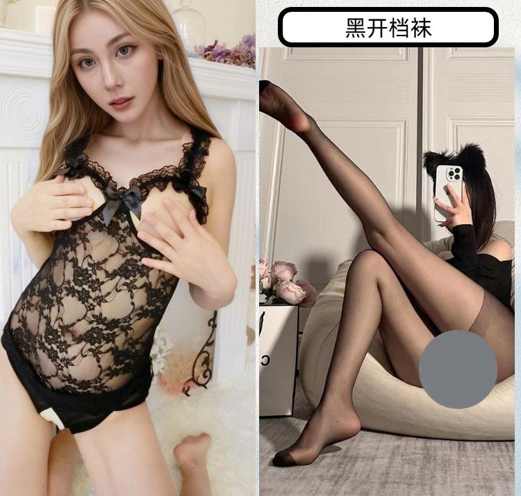 Fun underwear Fun sexy suspender lace gather perspective temptation mesh nightdress Open file free pajamas women's models