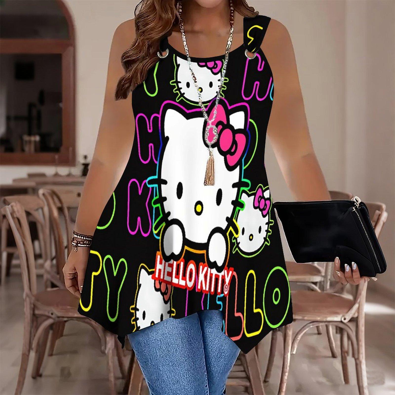 

Women s Fashionable Casual Sports Double-ring Vest, Hello Keiti Cat Veining Printed Patterns, Irregular Hem, Elegant and Simple 1XL чёрный