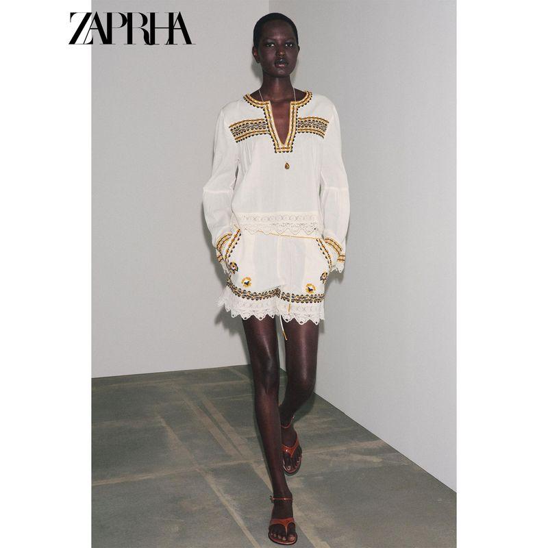 Zaprha 2025 Summer New Fashion Contrast Color Embroidery Design Horn Long Sleeve Round Neck Shirts 2903241