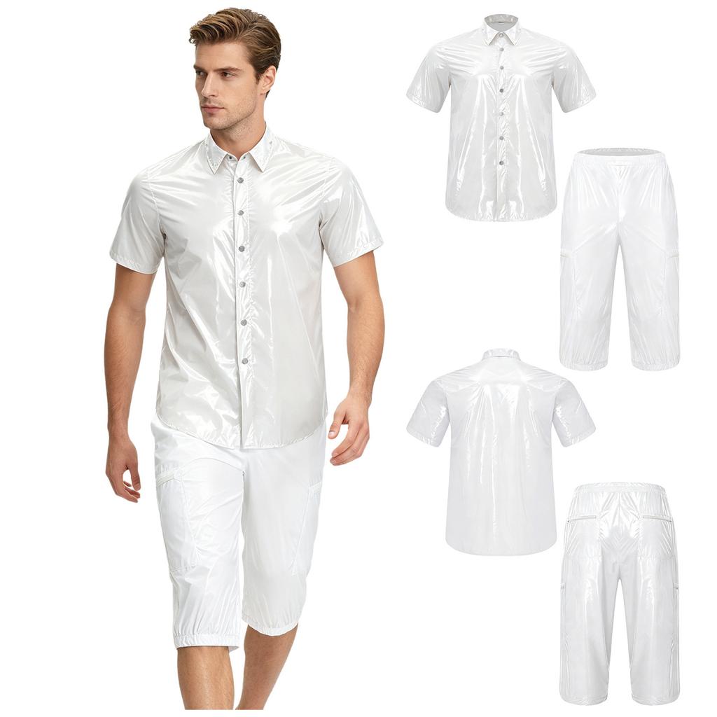 Men Summer Waterproof Tracksuit Short Sleeve T-Shirt Button Front and Cargo Shorts Capri Pants for Beach Swim Rainy Club Night