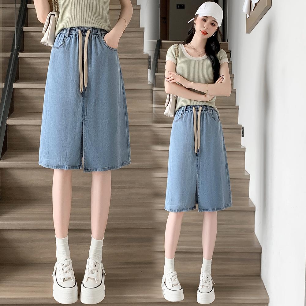 DIMANAF 2025 Plus Size Summer Denim Skirts Women Thin Elastic Casual Fashion A-Line Jeans Skirt High Waist