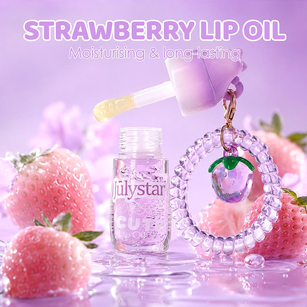 Julystar Cute Strawberry Keychain Lip Oil Moisturizing Clear Glossy Lip Plumper Fruit Flavor Lip Care Lip Gloss with Phone Cord Hair Tie Bag Pendant