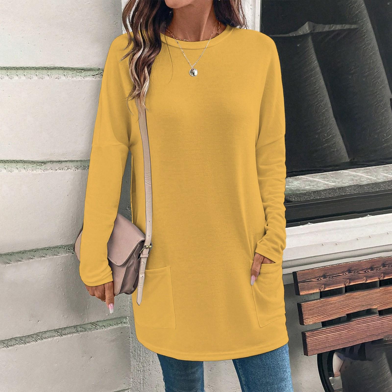 

Женская мода повседневная однотонная рубашка с длинным рукавом и круглым вырезом с карманами XXXL шафрановый