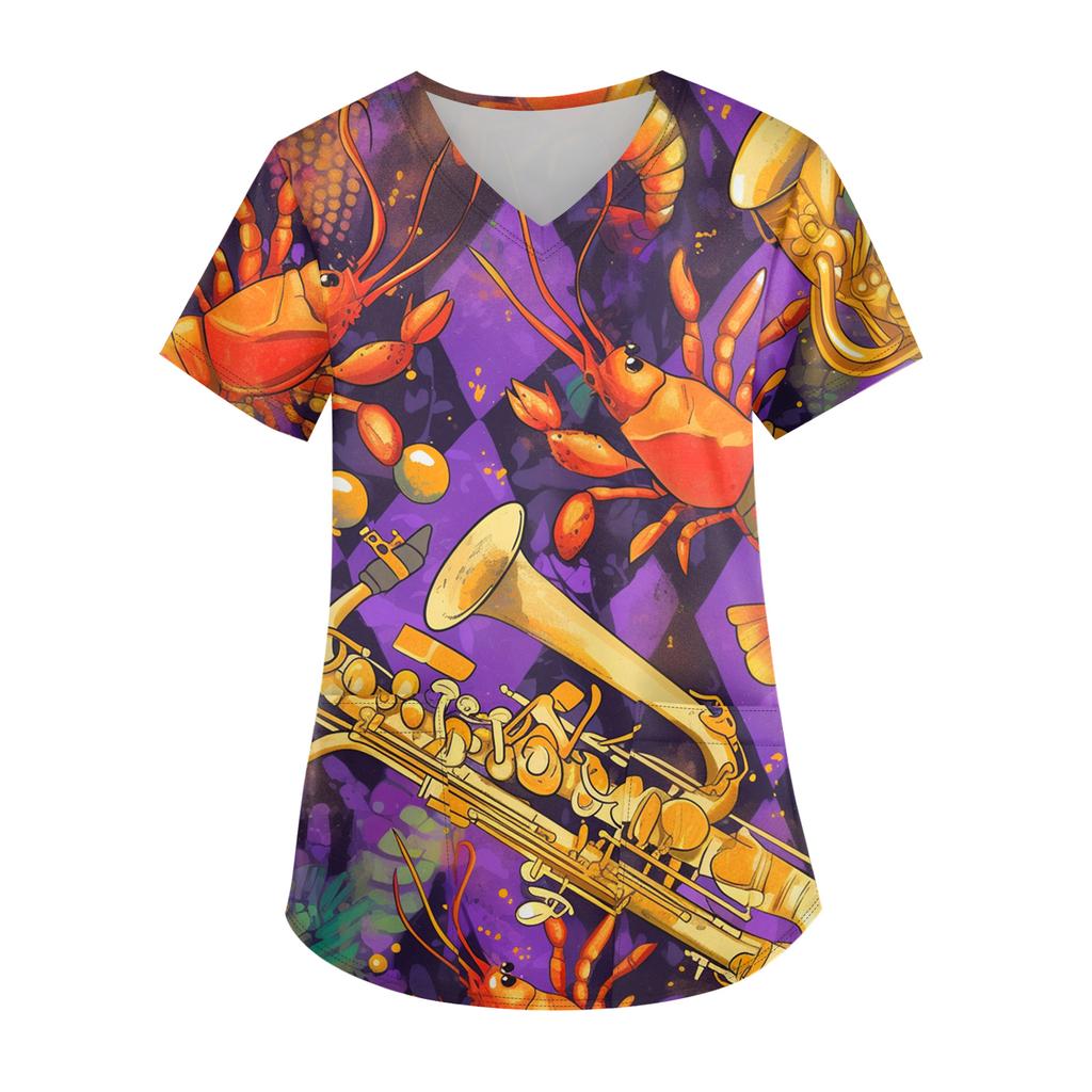 Ladies' Carnival Printed Fashion V-neck Pocket Short Sleeved Nurse's Wear And Worker's Top