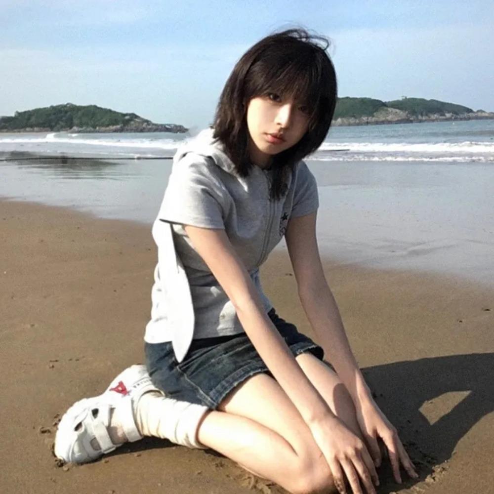 VAYLA Y2k Hooded T-shirt Vintage 2000s Style Rabbit Ears Zipper Tops Harajuku Short Sleeve Thin Jacket Korean Popular