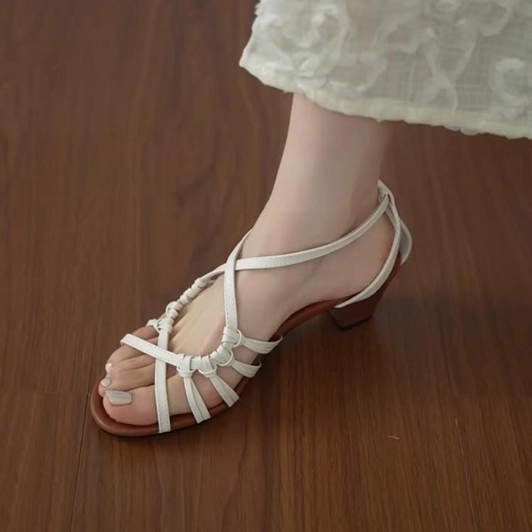Super Soft Leather~ Hand-woven Hollowed-out Vacation Style High-heeled Roman Shoes for Women's Summer Open-toed Temperament with Skirt Sandals