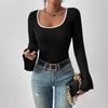 Women's Square Neck Bell Sleeve Top Long Sleeve Slim Fit Solid Color Casual Blouse