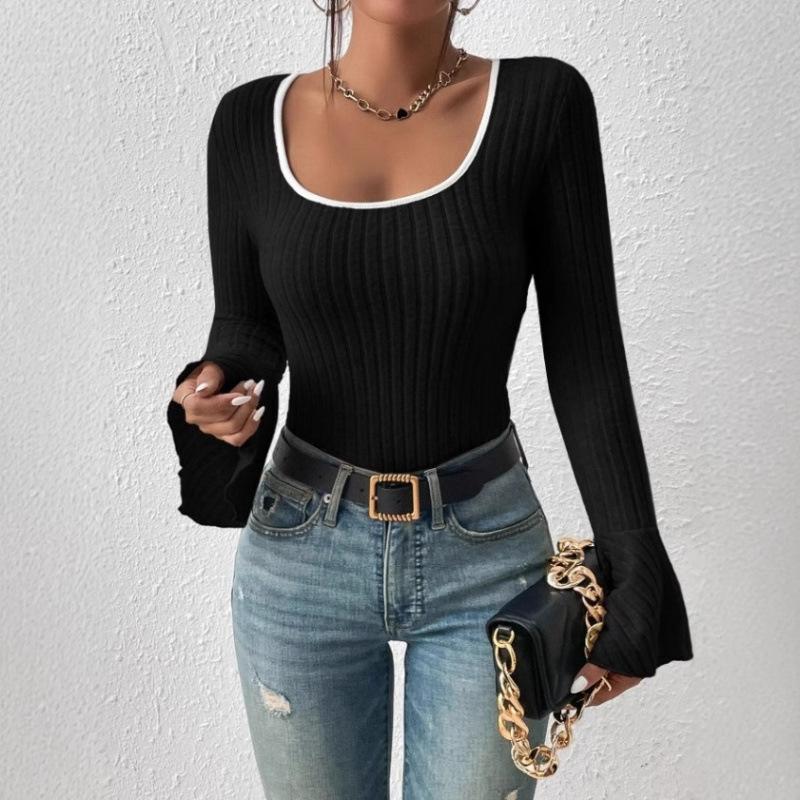 Women's Square Neck Bell Sleeve Top Long Sleeve Slim Fit Solid Color Casual Blouse