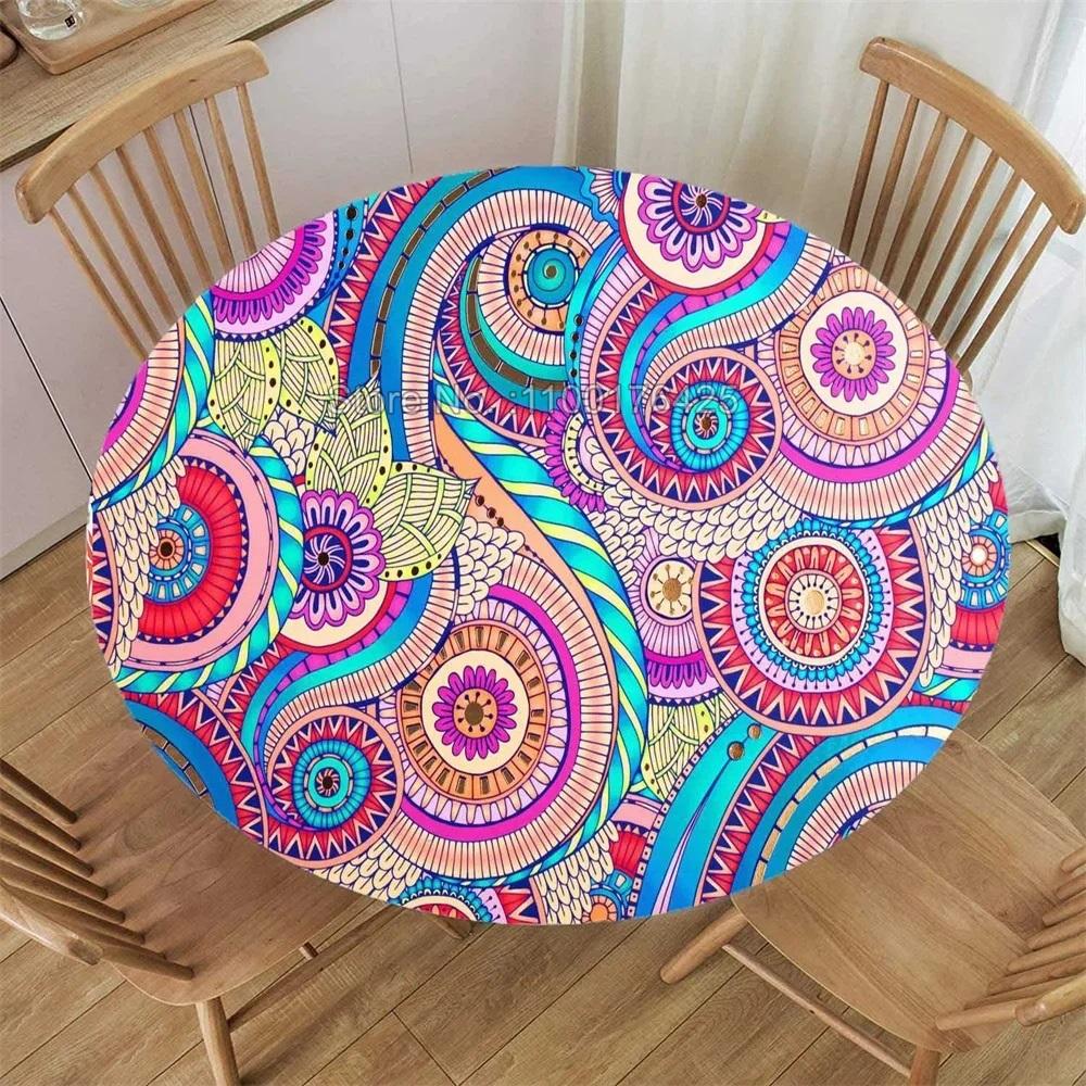 Boho Mandala Ronde Strakke Tafelkleed Waterdicht Elastische Randhoes voor Binnen Buiten Eettafel Decoratie Suitable 60cm(24in)