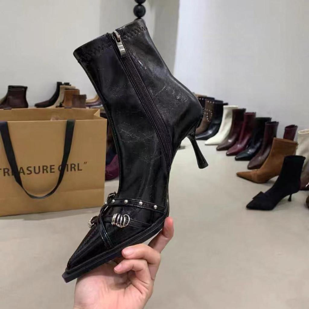 Spice girls fried street pointed high-heeled short boots children's autumn and winter new temperament bare boots advanced sense rivet thin heel thi
