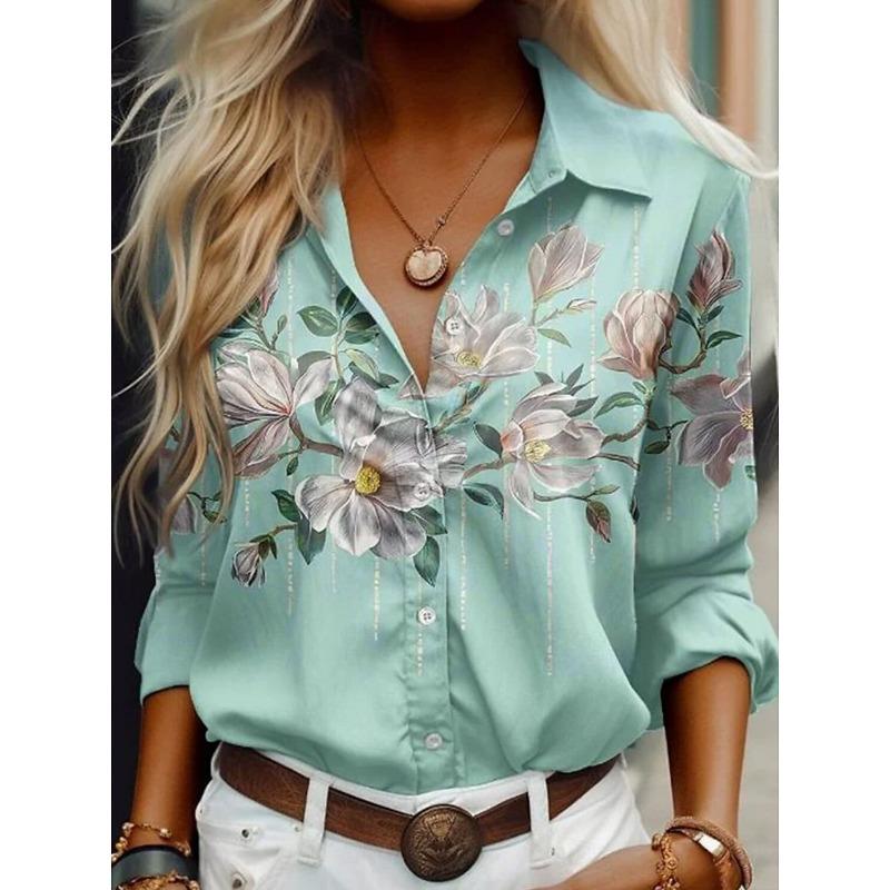 Summer Women's Shirt Flower Graphics Blouse Lapel Neck Blouse Women's Long Sleeve Shirts Womens Clothes Female Clothes