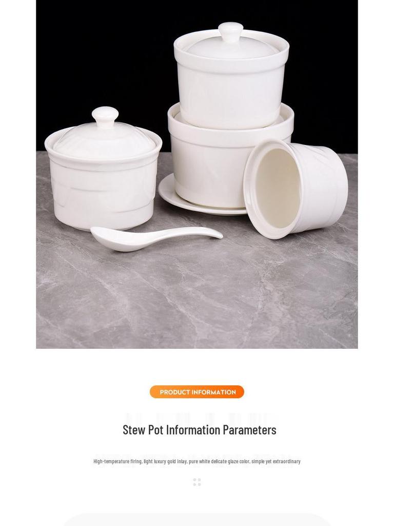 Pure White Ceramic Stew Pot with Lid - Chinese Shaxian Style Soup & Steam Pot, Gold Rimmed.