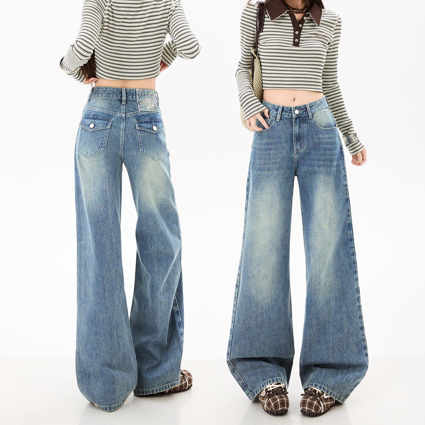 

Весенние джинсы с высокой талией, свободные, широкие штанины для женщин, стройнящие, прямые, свободные, в пол XXL
