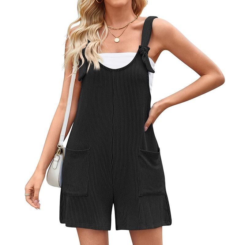 Damen Freizeit Ärmellos Taschen Gerade Locker Träger Kurzer Overall Jumpsuit