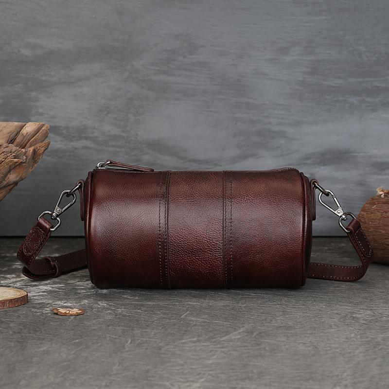 Single Shoulder Bag Fashionable Retro Large Capacity Cylindrical Bag Genuine Leather One Shoulder Crossbody Bag