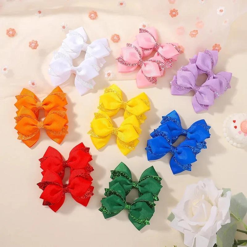 2Pcs/set Colorful Party Bowknot Ribbon Hair Clips for Girl Glitter Hair Bangs Hairgripes Lovely Solid Color Barrette