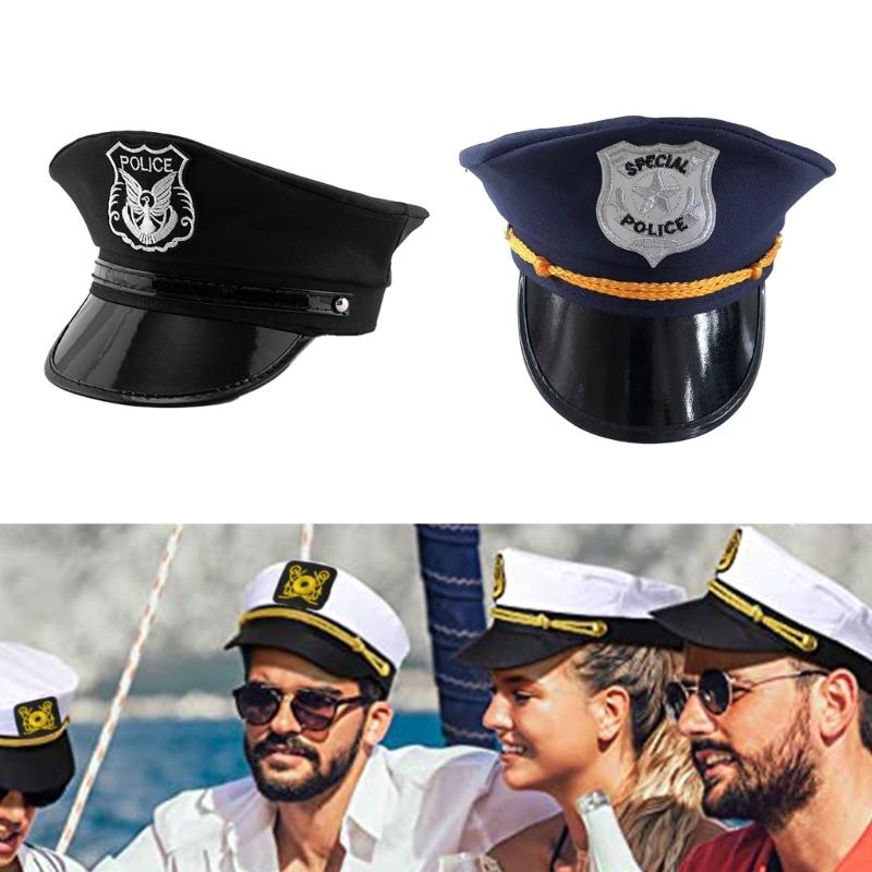 Chapeau de policier adulte avec badges brodés Chapeau militaire Fête d'Halloween Cosplay Chapeau de policier Voyage Prise de photo Chapeau adulte