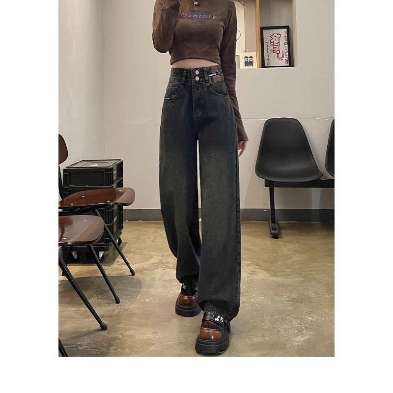 High-waist Loose Plush Thickened Wide-leg Jeans for Women In Autumn and Winter New Style Used Cement Gray Slimming Straight Floor Pants