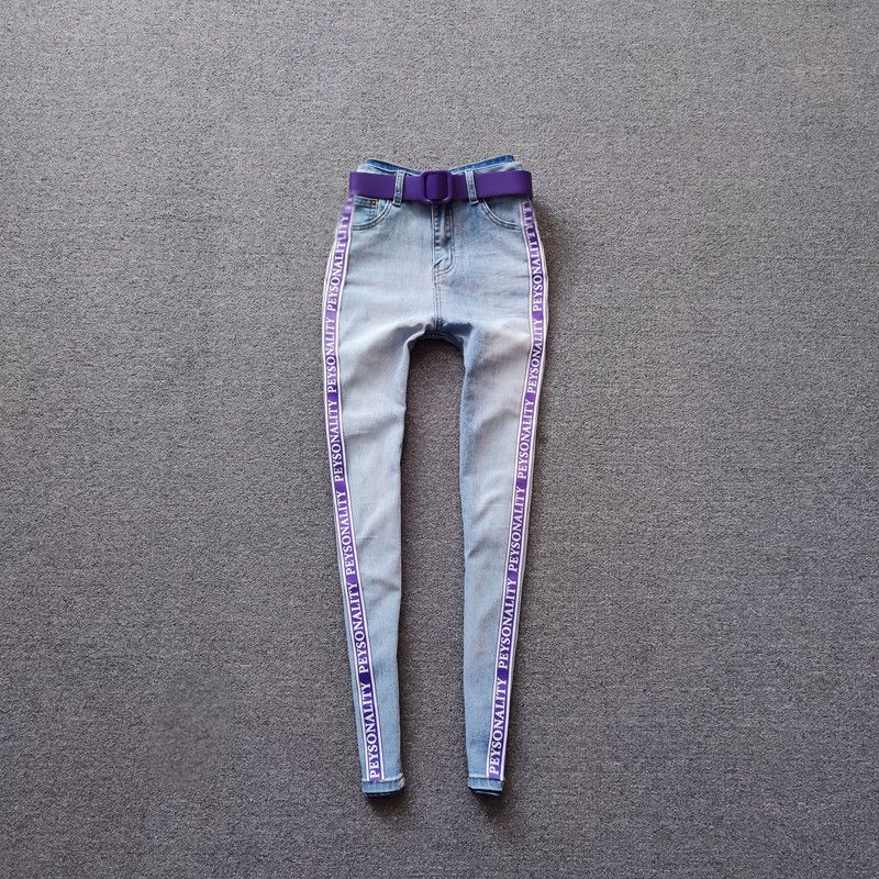 

Fashion All-Match Letter Contrast Color Slim Fit Slimming Jeans Side Purple Letter light blue Denim 2XL