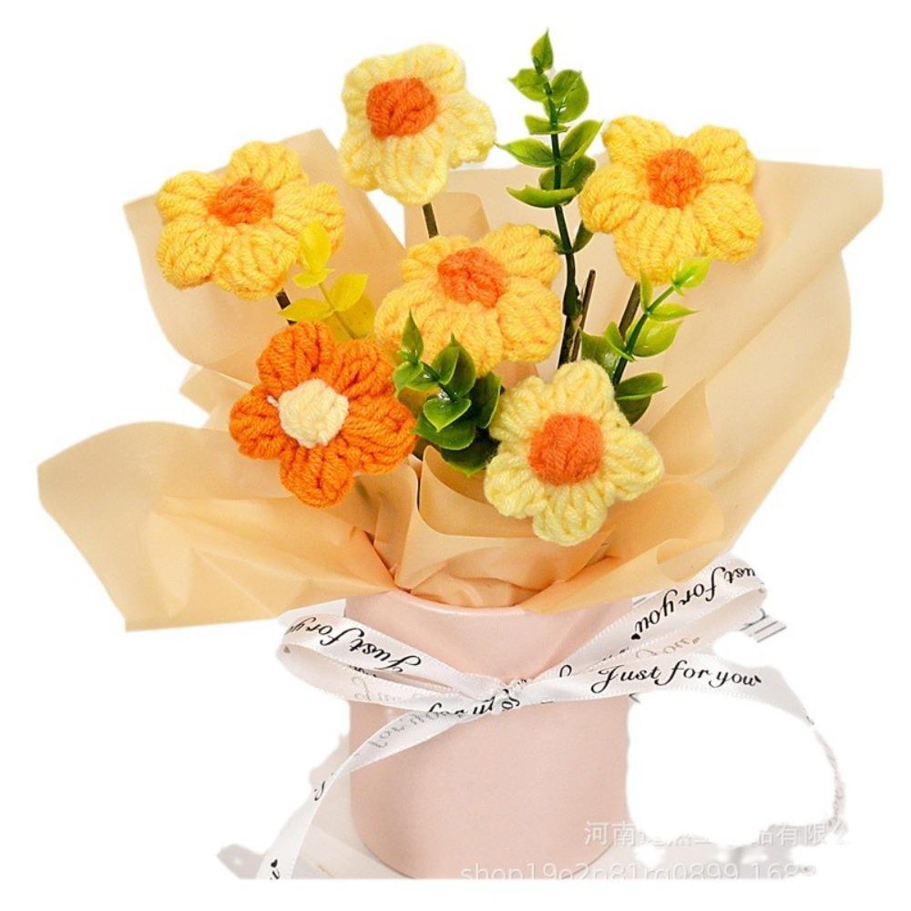 Puff Flower Crochet Bouquet Handmade Desk Decoration Artificial Flower Bouquet Eternal Flower Crochet Yarn Bouquet