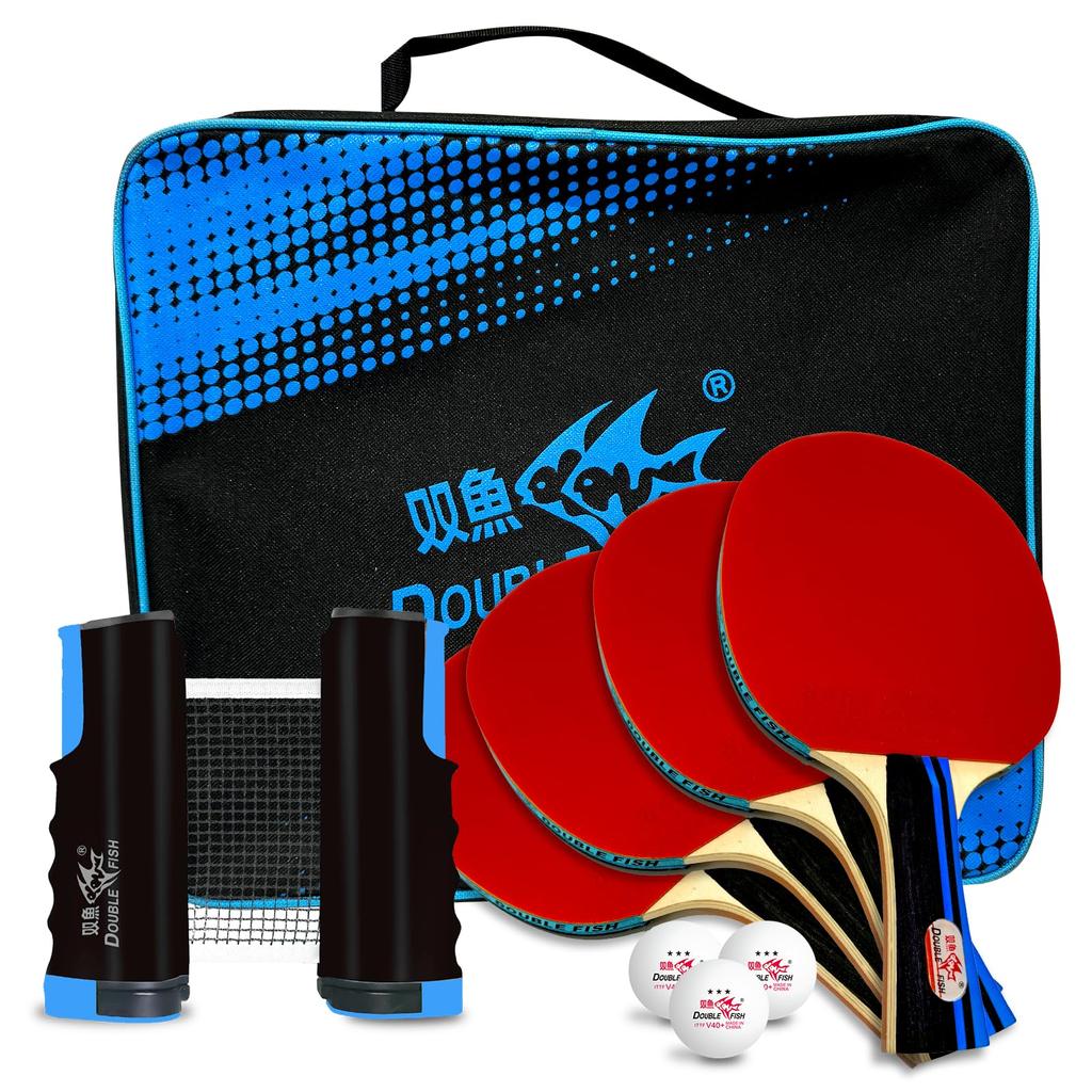 Double Fish Ping Pong Paddle Set of 6 Ping Pong Balls ITTF Approval Professional WTT with Retractable Ping Pong Carrying Storage Table Tennis Sets for