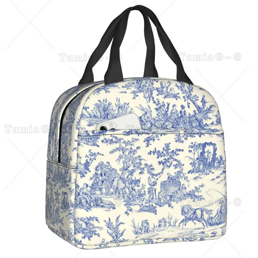 French Toile De Jouy Navy Blue Motif Pattern Thermal Insulated Lunch Bag Lunch Container for Outdoor Picnic Storage Food Box