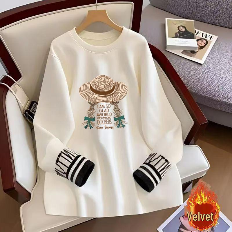 Double-Sided German Fleece Women's Plus Size Mid-Length Warm Long Sleeve T-Shirt